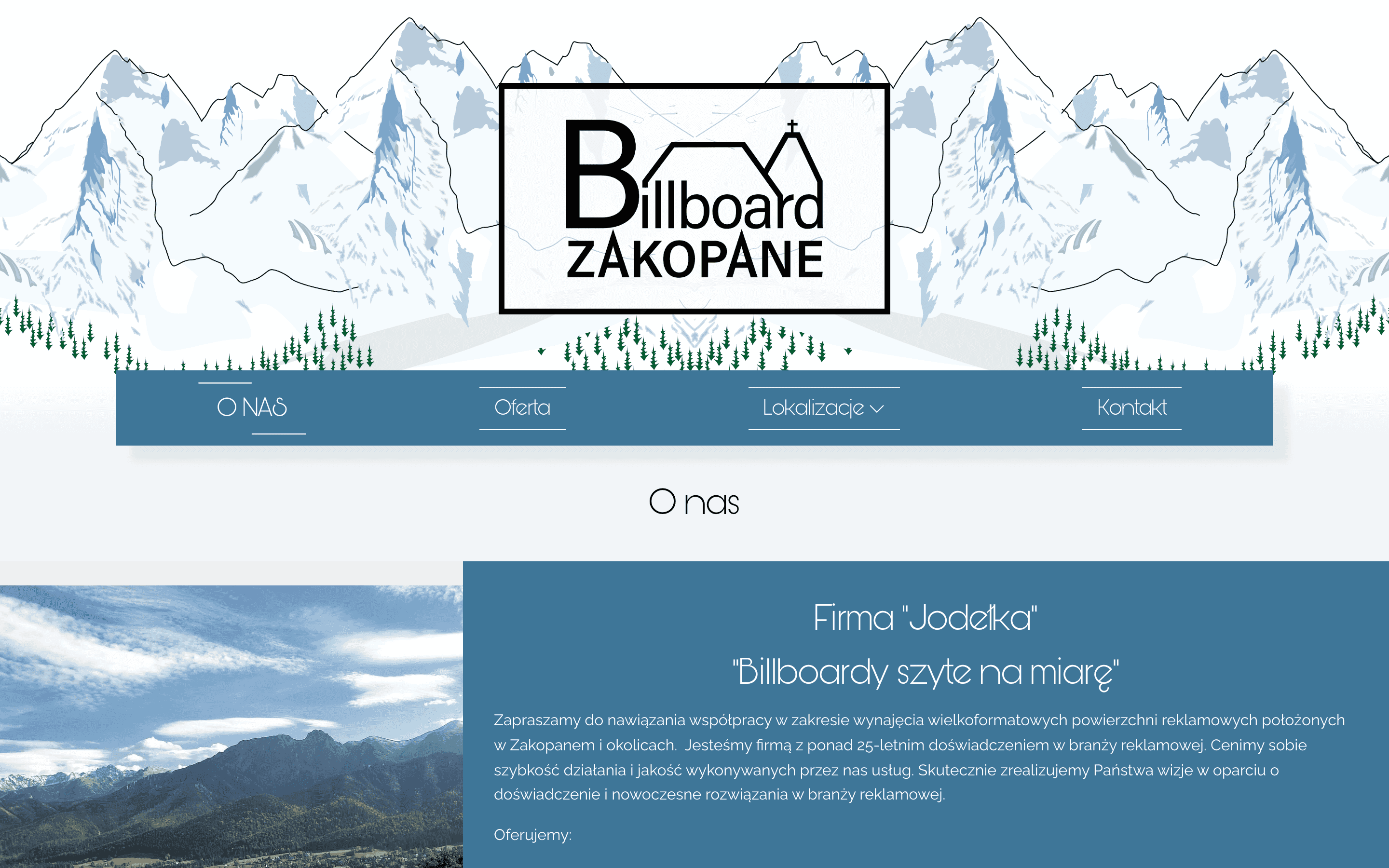 Strona billboardzakopane.pl na komputerze — rysowana panorama Tatr nad menu