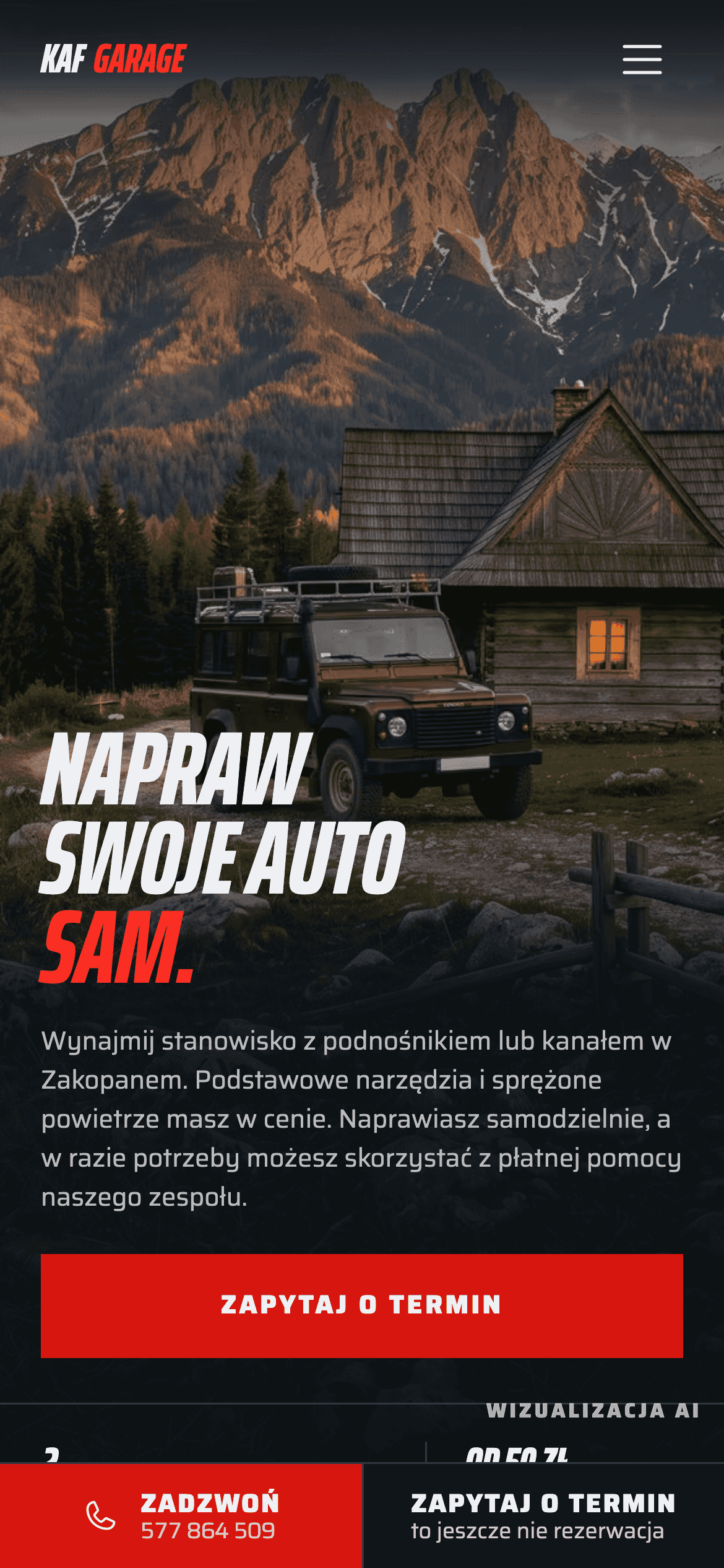 Ta sama strona kafgarage.pl otwarta na telefonie