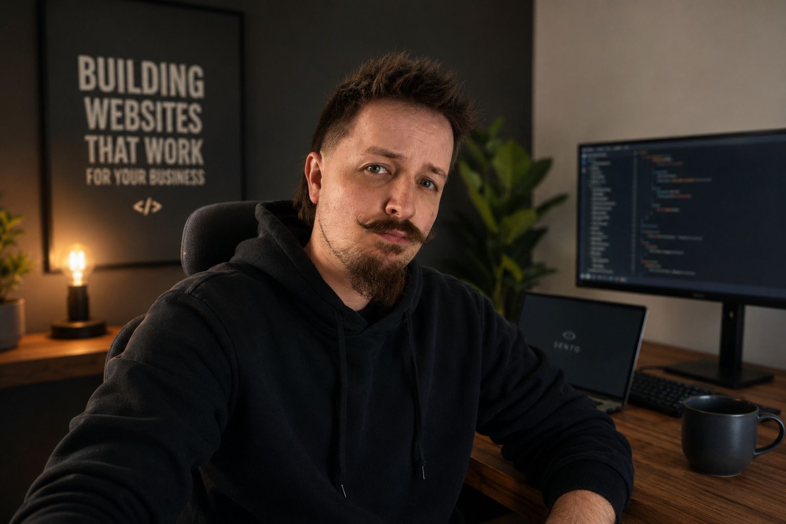 Sebastian Kolbusz przy biurku — plakat na ścianie, kod na monitorze, lampa i kubek