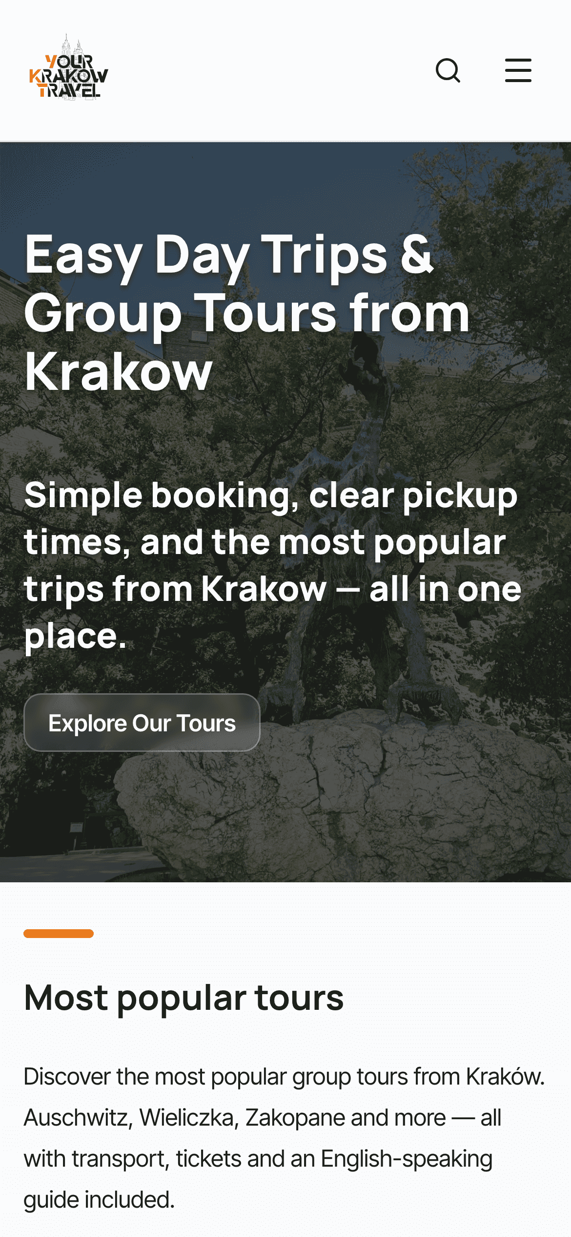 Ta sama strona yourkrakowtravel.com otwarta na telefonie