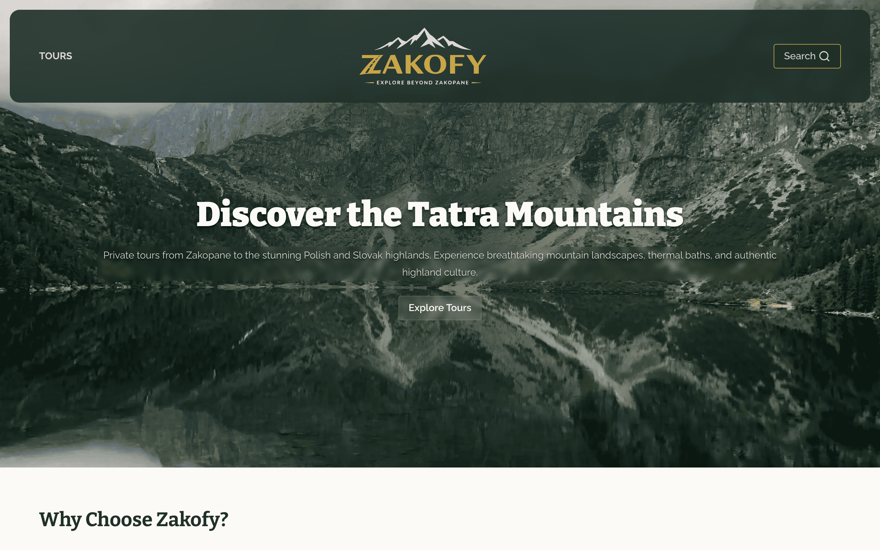 Strona zakofy.com na komputerze — nagłówek ze zdjęciem Morskiego Oka